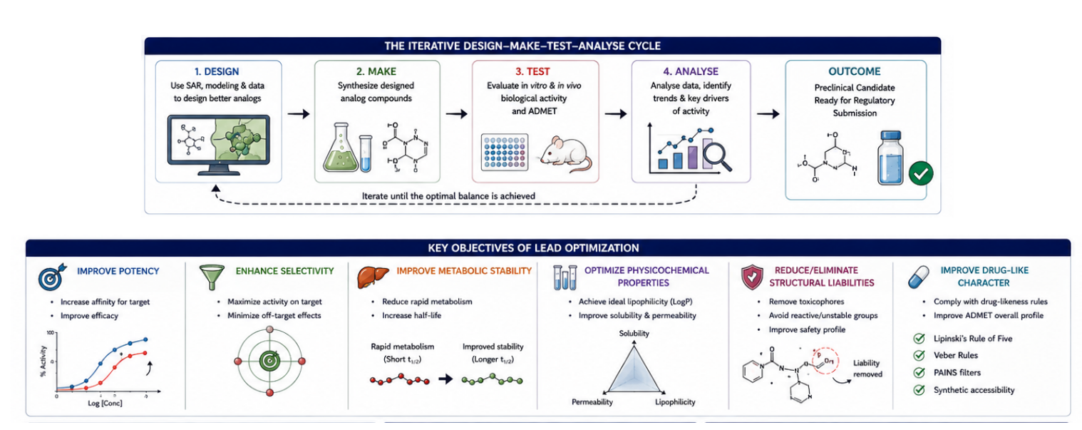 The iterative design-make-test-analyse cycle of lead optimization, and its key objectives: improve potency, enhance selectivity, improve metabolic stability, optimize physicochemical properties, reduce or eliminate structural liabilities, and improve drug-like character